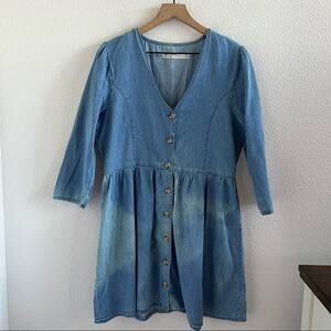 ASOS Denim Chambray V Neck Button Front Dress 3/4 Sleeve US 10